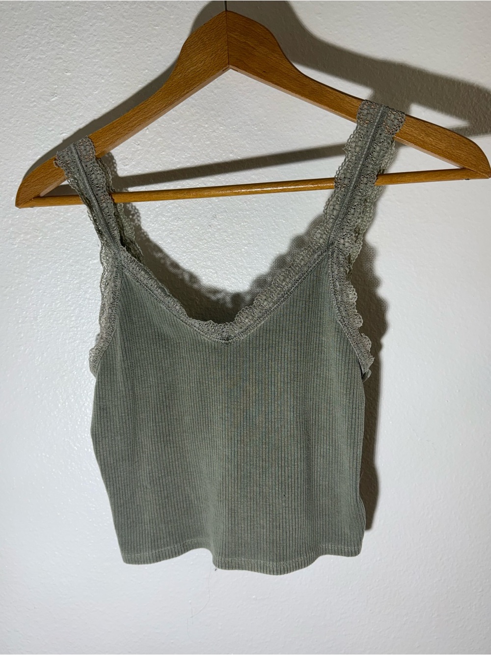 American Eagle Lace-Trim Ribbed Tank Top - Sage Green